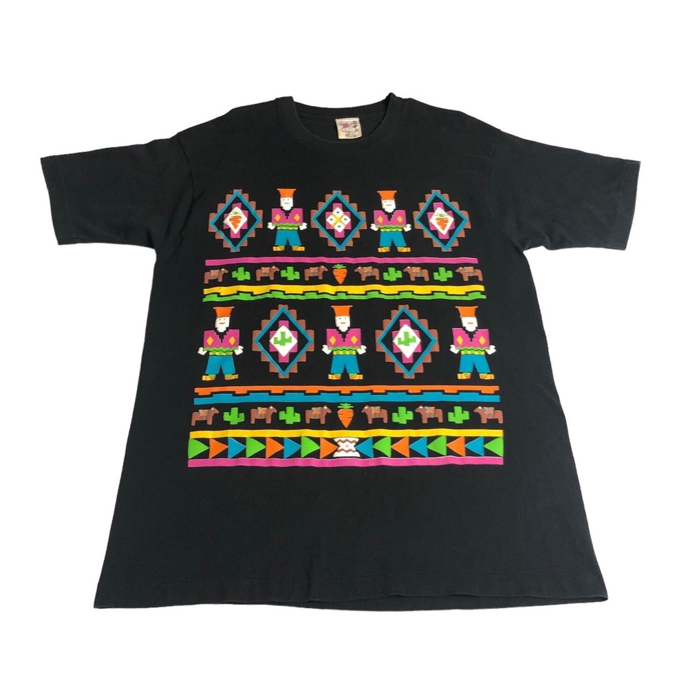 Vintage 1990 EZL Marcy N Me T Shirt One Size Black Southwest Folk Art Puff Print